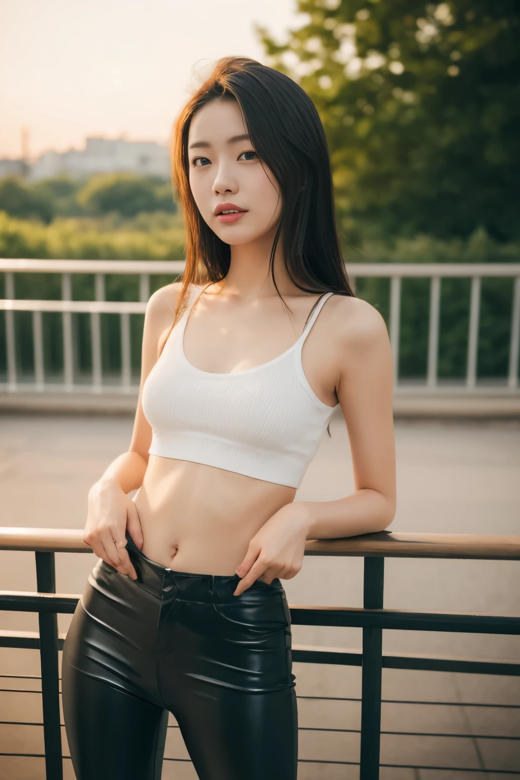 Realistic Japan woman in tank top、Wearing leather tight pants、constricted hips、Navel piercing、 Narrow-eyed、Single eyelid、eyes are small、Face with thin eyebrows、Sareme、low nose、Thin-lipped face、、Suppin、Wavy waist-length hair、Face with dimples、double tooth、Being on the bridge at dusk、Hair floating in the wind