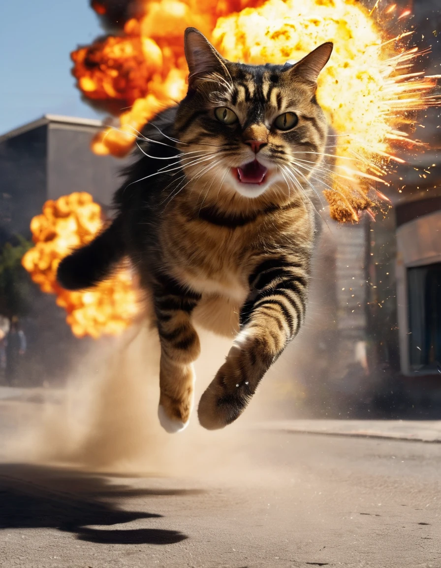 Cat running while behind him there is an explosion.