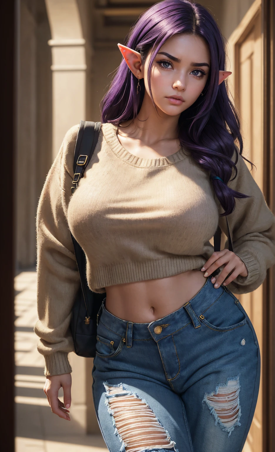 (masterpiece), (extremely intricate:1.3), (realistic), portrait of a girl, huge and perfect breasts, the most beautiful in the world, dark eyebrows, bright purple hair, short very shaggy and messy hair, almond eyes, (annoyed pout:1.2), blushing heavily, (oversized baggy sweater), (ripped baggy jeans), (canvas sneakers), (backpack), (elf ears:1.1), tanned, detailed textures, indoors, bright sunlight, classroom hallway, professional photograph of a stunning woman detailed, looking at the camera, alluring stare, detailed eyes, sharp focus, dramatic, award winning, cinematic lighting, octane render unreal engine, volumetrics dtx, (film grain, blurry background, blurry foreground, bokeh, depth of field, motion blur:1.3)
