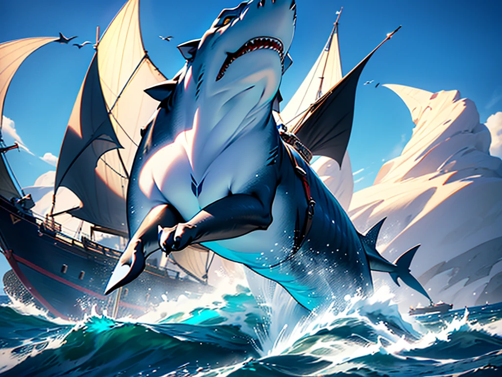 Composition of a highly detailed and intricate sci-fi scene, a a cat Riding a shaRk with an old ship, fifteenth century galleon type, sailing boat on the backgRound, shaRk cat hybRid, subReddit / R / whale, jean - leon geRome, jean-leon geRome, by Jean-Léon GéRôme, jean leon geRome, they aRe chasing the whale, by Niko HenRichon,  half wolf half shaRk, dramatic clouds and vibrant sky, photorealistic, 8k, masterpiece, unreal engine, concept art style