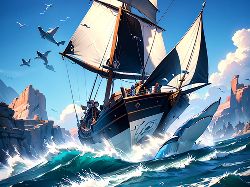 Composition of a highly detailed and intricate sci-fi scene, a a cat Riding a shaRk with an old ship, fifteenth century galleon type, sailing boat on the backgRound, shaRk cat hybRid, subReddit / R / whale, jean - leon geRome, jean-leon geRome, by Jean-Léon GéRôme, jean leon geRome, they aRe chasing the whale, by Niko HenRichon, half wolf half shaRk, dramatic clouds and vibrant sky, photorealistic, 8k, masterpiece, unreal engine, concept art style