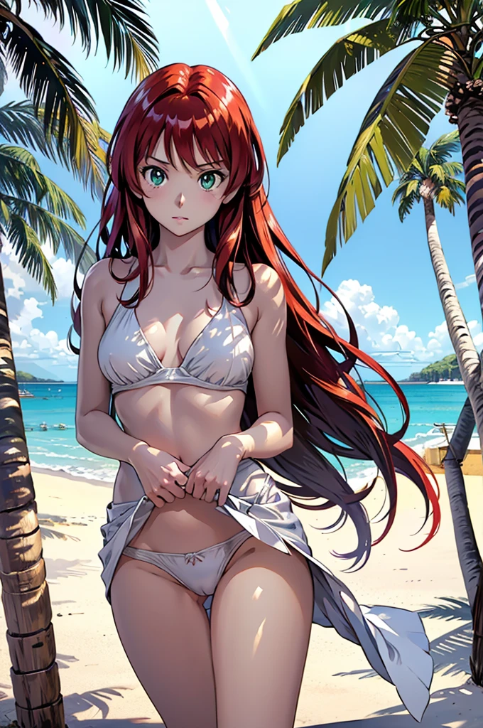 masterpiece, rich colors, Best quality, detailed, high resolution, Hyper quality, high detail, , high quality, detailing, skinny sexy girl on the beach , bright lighting , green eyes, Anime, palm trees, bright lighting, redhead,
