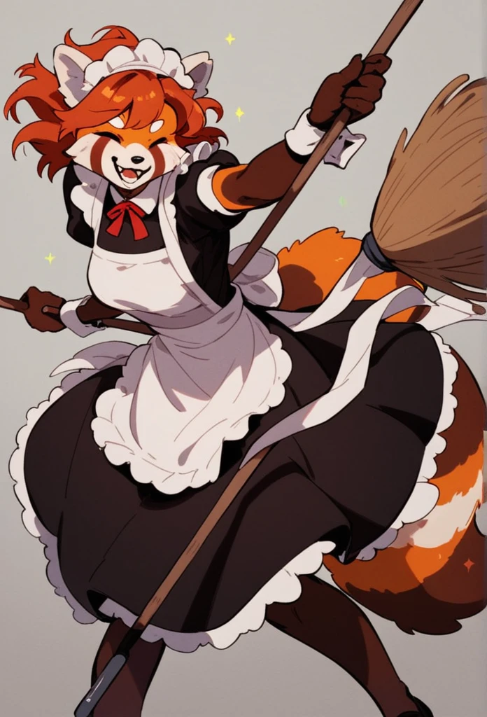 score_8_up,( score_4_up:-0.2), woman, red panda, perfect body, happy, feminin, maid, hold a broom like a weapon