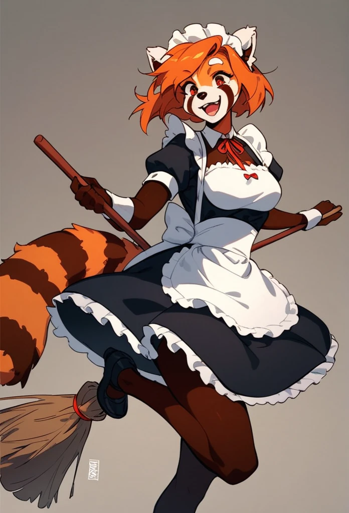 score_8_up,( score_4_up:-0.2), woman, red panda, perfect body, happy, feminin, maid, hold a broom like a weapon