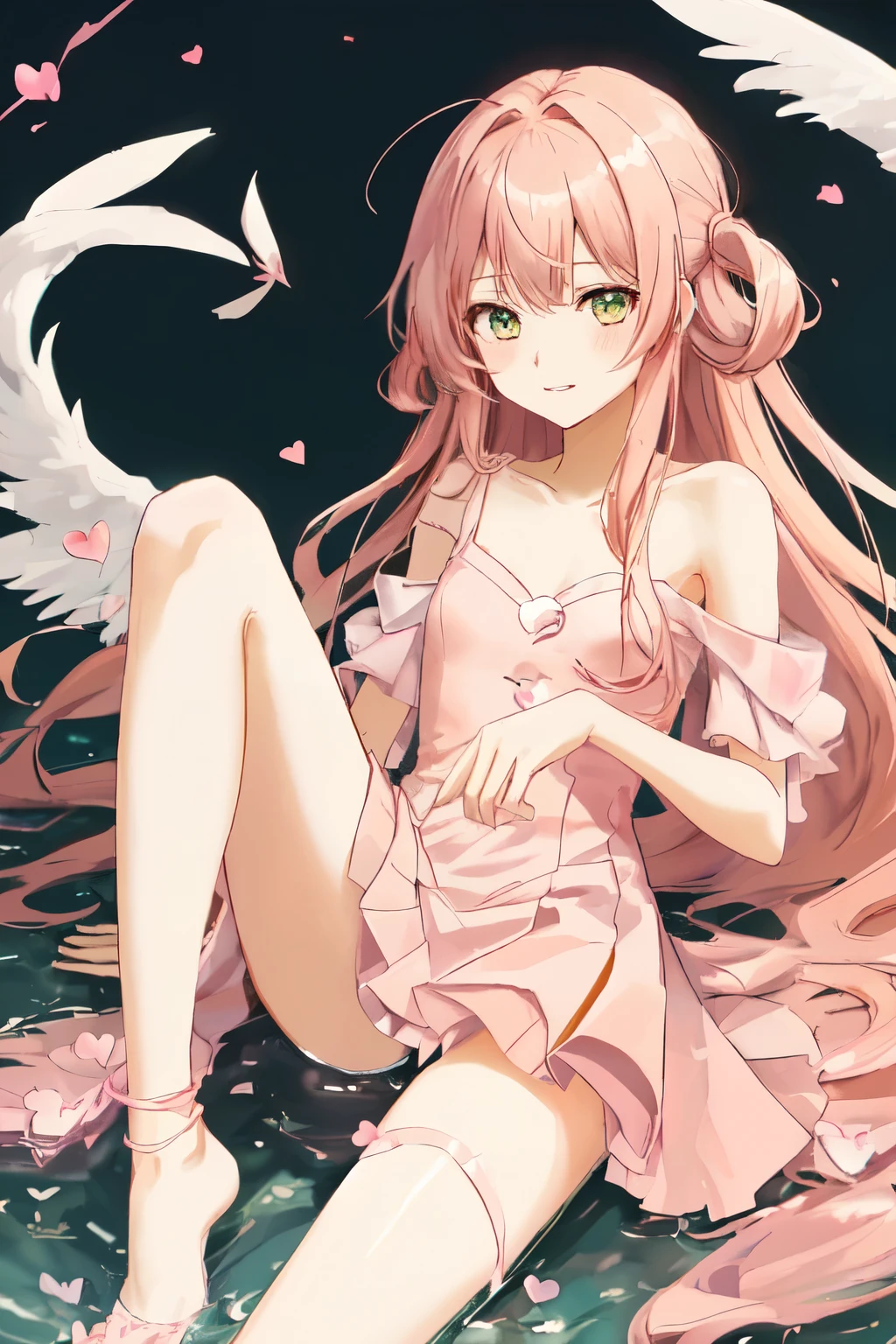 1_girl, (anime, kawai:2), (masterpeice, best_quality, clean:1.5), (sky_background:1.2), (cute, cute_smile, wholesome, young:1.8), (delicate, extremely_delicate, beautiful, thin:1.5), (girlfriend, angel:1.8), (green_eyes, simple_eyes:1.8) (long_hair, blond_hair, wearing_pink_dress, pink_angel_wings:1.5), extremely_delicate, (love_magic:1.5), (age_size_fits_body), (small_thighs:1.3), (breasts), (eye_level:1.3), (heart_magic, love:1.5), (folded_legs:1.5), (combat:1.2)