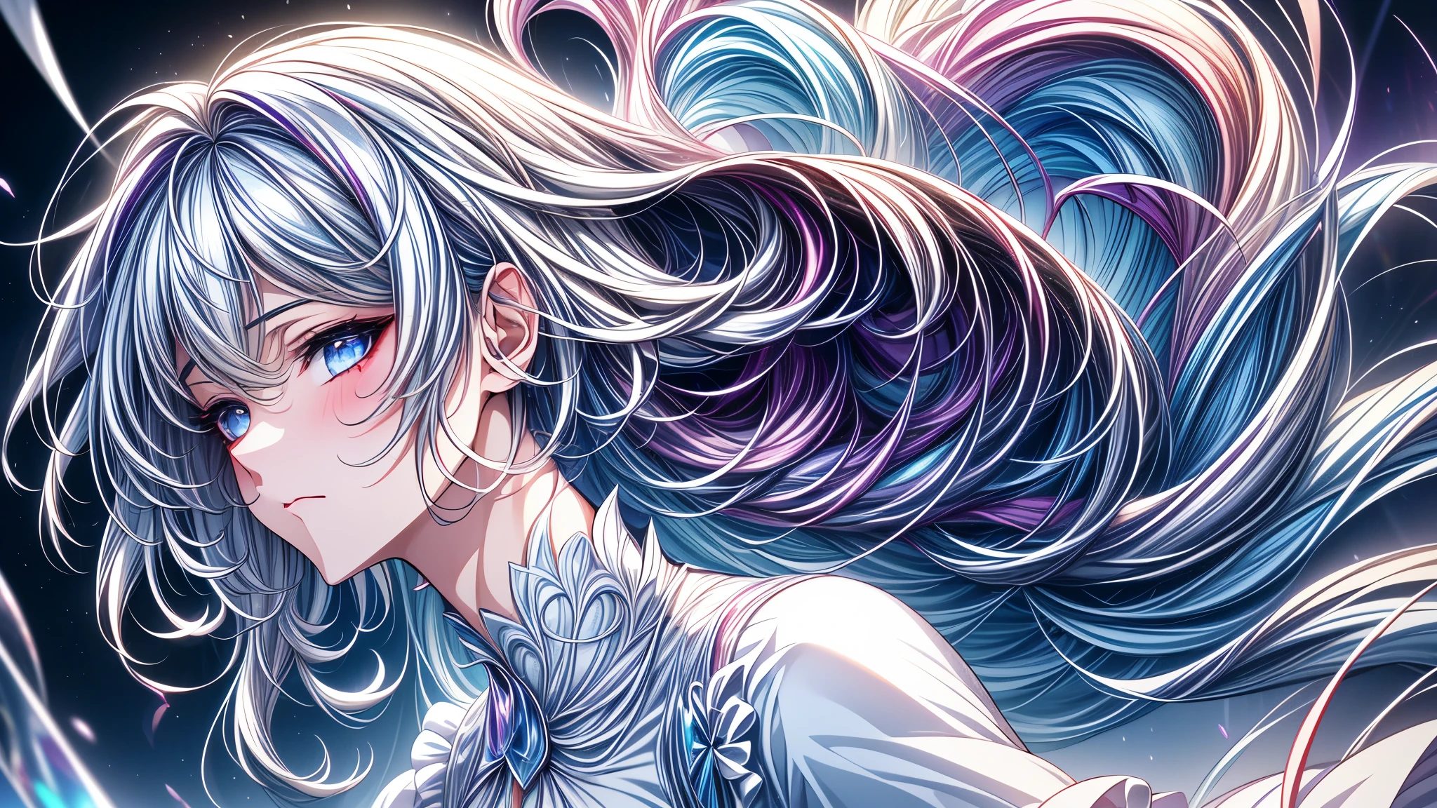 best quality, 32k, RAW photo, incredibly absurdres, extremely detailed, delicate texture, bust up of a beautiful woman with a sad expression looking back, many seven-colored light particles bursting in the fog, fantastic and mysterious, iridescent pastel colour, kaleidoscope, wind