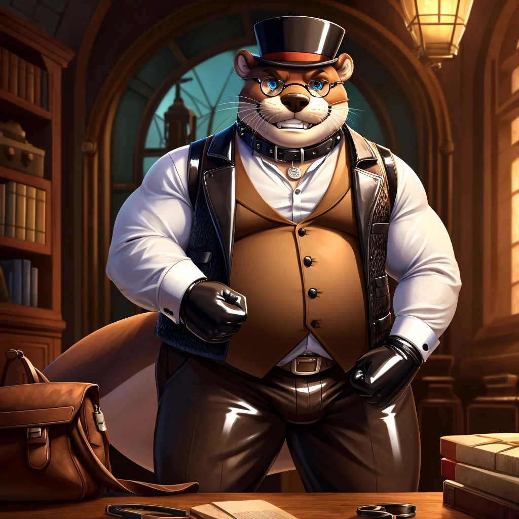 Solo, Male, fat, extremely obese, gentleman, dapper Professor Otter, blue eyes, (posing:1.3), (soft shading), 4k, hi res, ((detailed face, detailed)), looking at viewer, evil grin, steampunk, collared shirt with buttons, top hat, male focus, Explorer Outfit, glasses, monocle, bag, vest with buttons, backpack, sleeves rolled up, round eyewear, brown headwear, brown vest, Otter is putting on a glossy leather dog collar around his neck, Otter is wearing the leather collar and shirt and vest at the same time, Otter is wearing glossy white rubber gloves on the hands, wearing white rubber gloves on the feet, Otter is wearing glossy white cuffs around the wrists with cufflinks, gloves are rubber in texture, clenching teeth, clenching fists, leather collar is glossy and shiny with a lot of detail, Otter is wearing gloves and cuffs and cufflinks at the same time, leather collar has a round dog-tag, leather collar is thick and detailed.
