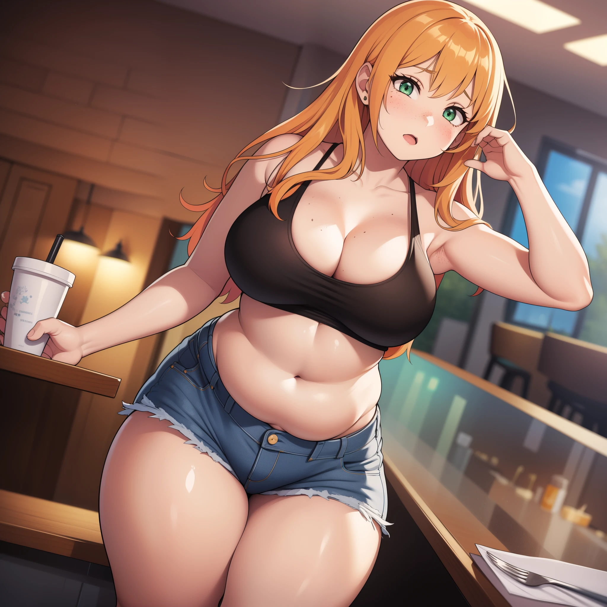 ((highres)), Masterpiece, high quality, best quality, beautiful, perfect lighting, detailed face, ultra cute face, ((1girl)), ((solo)), skindentation, orange hair, green eyes, freckles, jeans, tank top, thighs clothes, full body, standing in a fast food restaurant, table full of food, intricate background, medium breasts, perky breasts, cleavage, ((wide hips)), ((thick thighs)), ((plump)), pudgy belly, fat folds, belly hang,