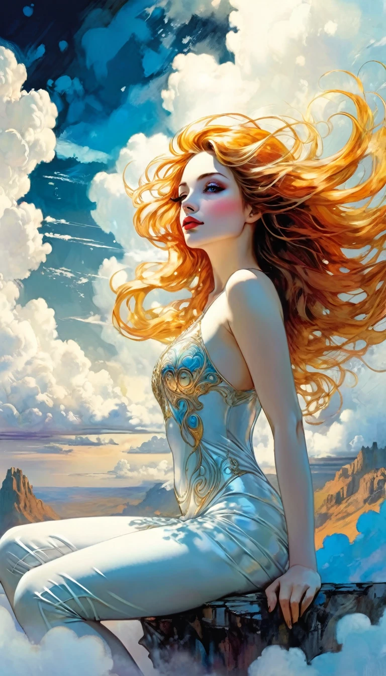 surrealistic goddess woman sitting on cloud, beautiful landscape, sketch, pen drawing, white background, highly detailed, photorealistic, dramatic lighting, vibrant colors, masterpiece, (best quality,4k,8k,highres,masterpiece:1.2),ultra-detailed,(realistic,photorealistic,photo-realistic:1.37),intricate details,cinematic composition,dramatic pose,elegant features,porcelain skin,piercing eyes,full lips,flowing hair,dreamy atmosphere,divine presence,ethereal beauty,floating in clouds,stunning scenery,natural elements,inspired by Bill Sienkiewicz