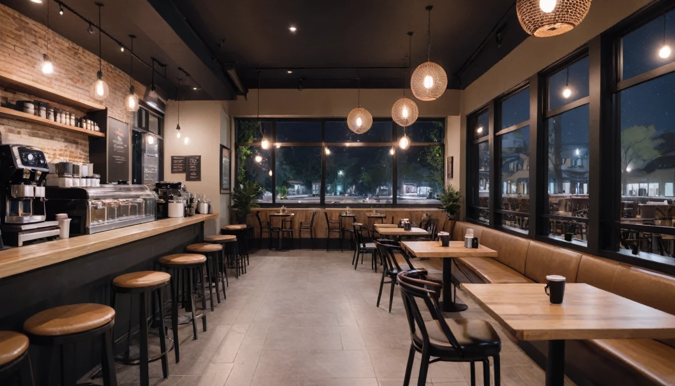 At night frontal shot coffee shop interior tables with coffee cups and a big window in the center