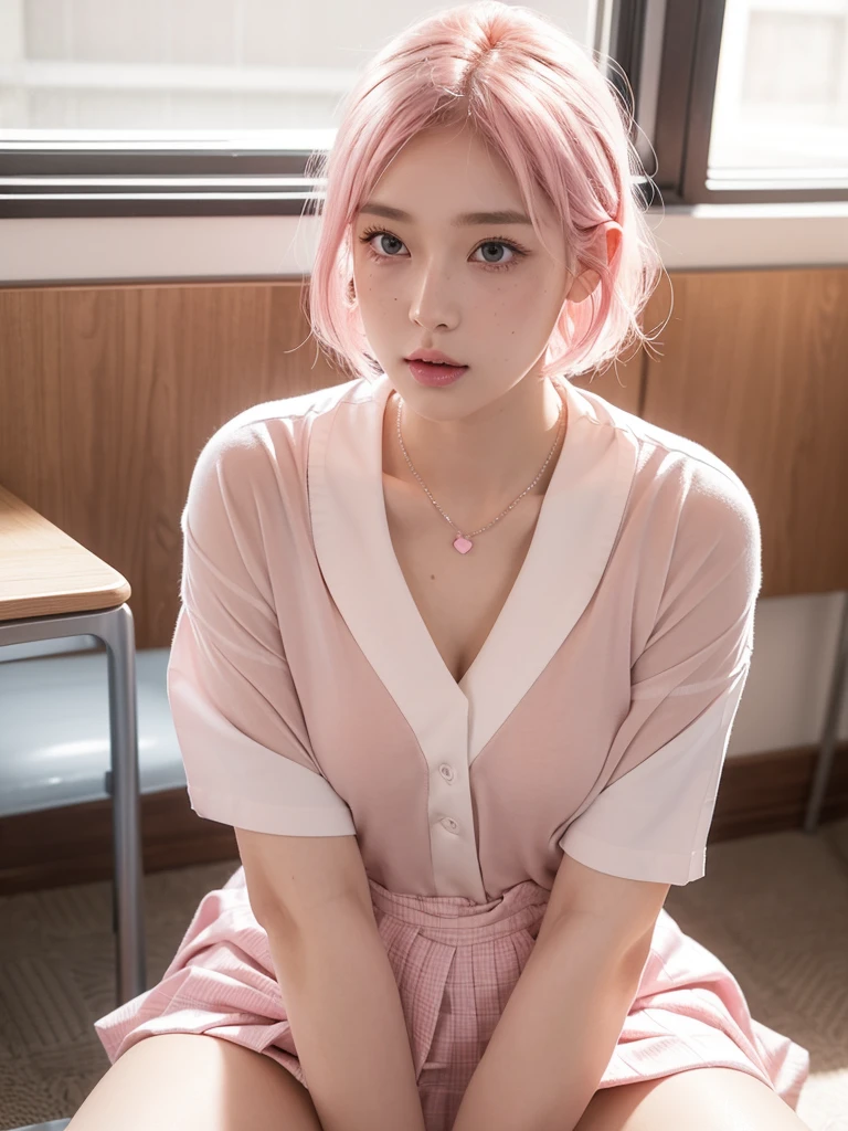 Background (classroom) , camara angle below, school girl, wearing japanese school dress (shirt and skirt), sitting on desk legs wide open , wet pussy , orgasmic , morning, lustful face , p, wearing japanese school dress, school girl, morning,showing her vagina , pron , shy , horney face , sexy, lustful, cute girl short pink hair, pink pussy, ,all her hair short pink , with a star clip in her pink hair, light colored eyes, pretty eyes, crying eyes, pretty, upturned nose, watery nose, Pretty lips, pink lips, heart and cupid shaped lip, pretty skin, pale, White skin, with moles and freckles all over his face, soft pink blush on the cheeks, natural pink blush, soft pink makeup, Jennie, nice neck, frown, tender look, with a kiss necklace, while having a bare abdomen, Delgado, marked and pretty, (big breasts, soft breasts, nice breasts), photorealism, 8k , photorealistic , show clearly, having sex, putting dildo in her vagina