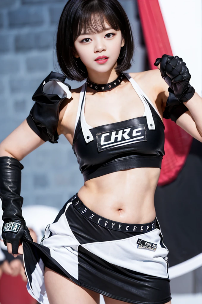 20 years old Jeongyeon, bikini top, boxing clothes, black gloves, large breasts, short hair