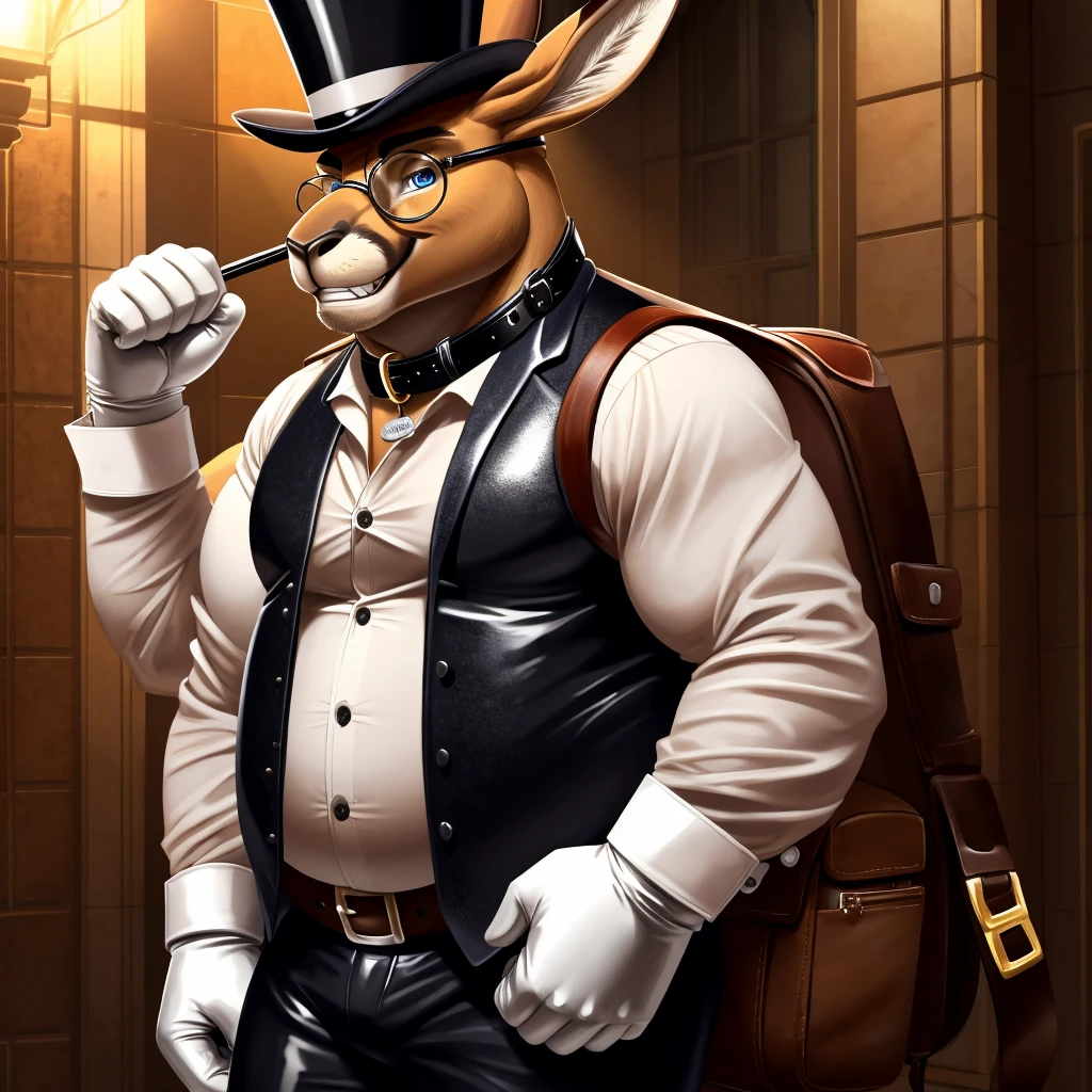 Solo, Male, fat, extremely obese, gentleman, dapper Professor Kangaroo, blue eyes, (posing:1.3), (soft shading), 4k, hi res, ((detailed face, detailed)), looking at viewer, evil grin, steampunk, collared shirt with buttons, top hat, male focus, Explorer Outfit, glasses, monocle, bag, vest with buttons, backpack, sleeves rolled up, round eyewear, brown headwear, brown vest, Kangaroo is wearing a glossy leather dog collar around the neck, Kangaroo is wearing the leather collar and shirt and vest at the same time, Kangaroo is wearing glossy white rubber gloves on the hands, wearing white rubber gloves on the feet, Kangaroo is wearing glossy white cuffs around the wrists with cufflinks, gloves are rubber in texture, clenching teeth, clenching fists, leather collar is glossy and shiny with a lot of detail, Kangaroo is wearing gloves and cuffs and cufflinks at the same time, leather collar has a round dog-tag, leather collar is thick and detailed.