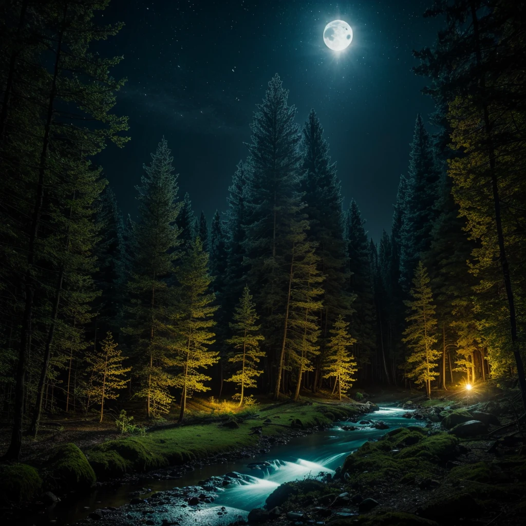Mysterious forest with a river flowing through it, illuminated by the moonlight
