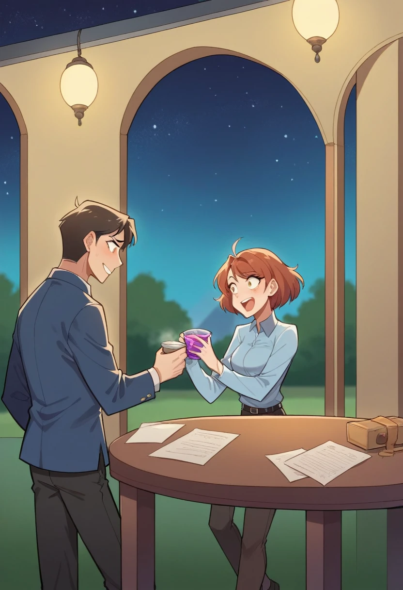 "Create an illustration that represents an emotional journey of self-discovery and true love. The image should begin with a young woman, Sara, in a modern office, visibly nervous, trying to offer a cup of coffee to a charming and aloof boss. In the background, blurry coworkers, reflecting her singular obsession. As the scene evolves, it shows Sara finding herself in a cozy restaurant setting, laughing and talking to a close friend, John. They are at a table lit by soft lights, with Sara dressed elegantly, while João watches her with admiration and affection. The emotion should transition from the initial anxiety to a sense of discovery and genuine joy. At the end of the image, highlight an intimate moment between Sara and João, walking hand in hand in a. park at night, under a starry sky, symbolizing true love and personal fulfillment. Capture the essence of growth, unforced love, and the beauty of friendship transforming into something deeper. Include subtle elements like a love potion in the background, representing the failed attempt and the underlying message that true love doesn't need magic."