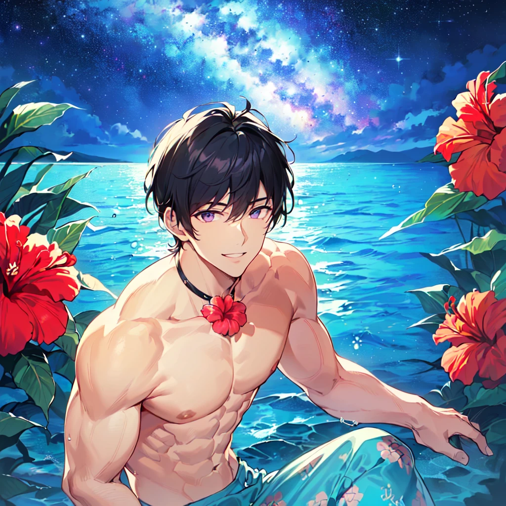 masterpiece,best quality,high quality,extremely detailed,(male austere handsome one solo adult age 30 years old:1.5),(purple eyes, cool with suspended eyes), body strong and fearless 8.5 head tall and 185cm tall,(well-groomed black hair short hair to neck:1.4), (bangs parted in thirds:1.4), (pectoral and rectus abdominis muscles:1.3), slender nose, facial muscles, (boxer sea water pants with hibiscus print:1.3), (cool smile:1.3), (sitting underwater:1.3), (stylish pose), (background tropical sea:1.3 ) , (Milky Way Night Sky: 1.3), (upper body:1.3)