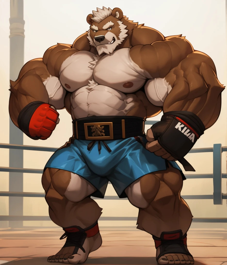 solo, 1boy, Huge Muscular Old Grizzly Bear wearing kickboxing MMA belt , thick pectoral, thick arms, huge pectoral, wide pectoral, hige brown fur, short white hair, Kickboxing MMA shorts, kickboxing MMA gloves, Kickboxing MMA Footwear 5 toes and shirtless, bearded, Kickboxing Martial Arts Cage Tournament background, masterpiece, semirealistic:1.2, high detailed, 8k, high resolution, kicking and punching