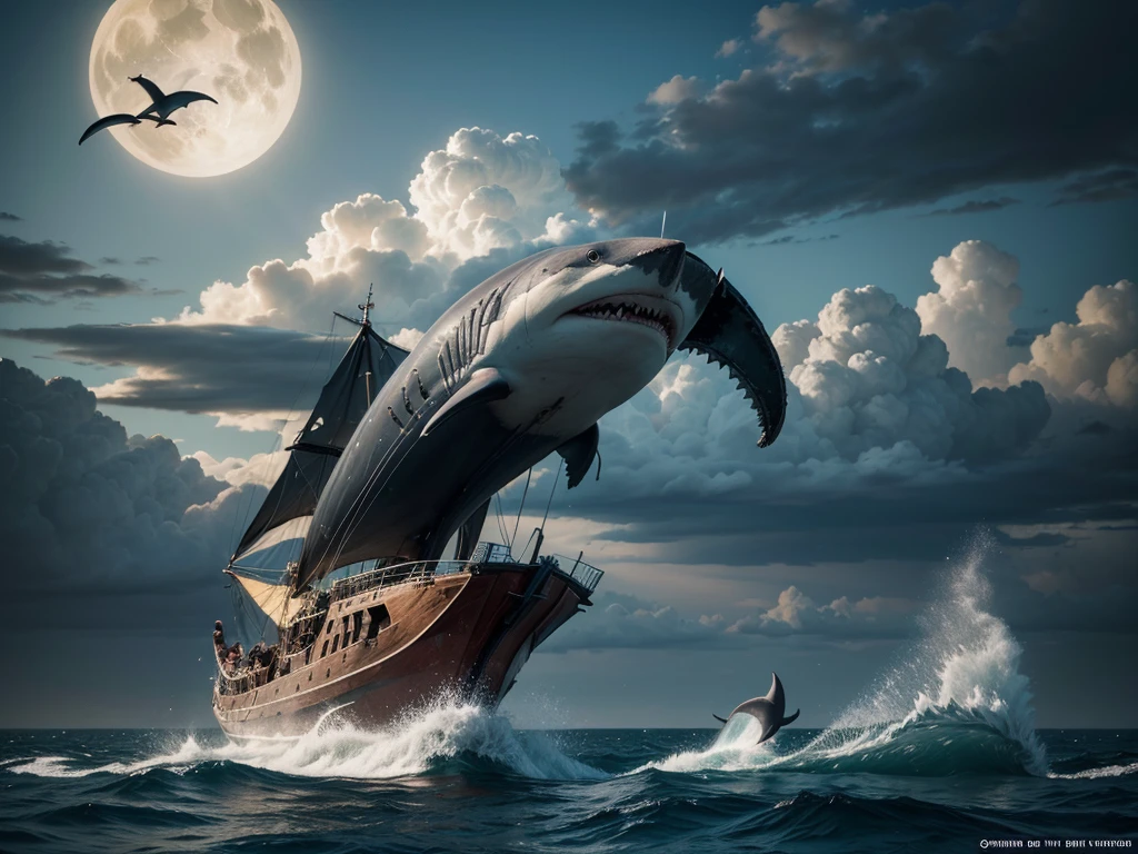 Pintura a oleo, a cat Riding a shaRk with an old ship, fifteenth century galleon type, sailing boat on the backgRound, shaRk cat hybRid, subReddit / R / whale, jean - leon geRome, jean-leon geRome, by Jean-Léon GéRôme, jean leon geRome, they aRe chasing the whale, by Niko HenRichon,  half wolf half shaRk, dramatic clouds and vibrant sky, photorealistic, 8k, masterpiece, unreal engine, concept art style