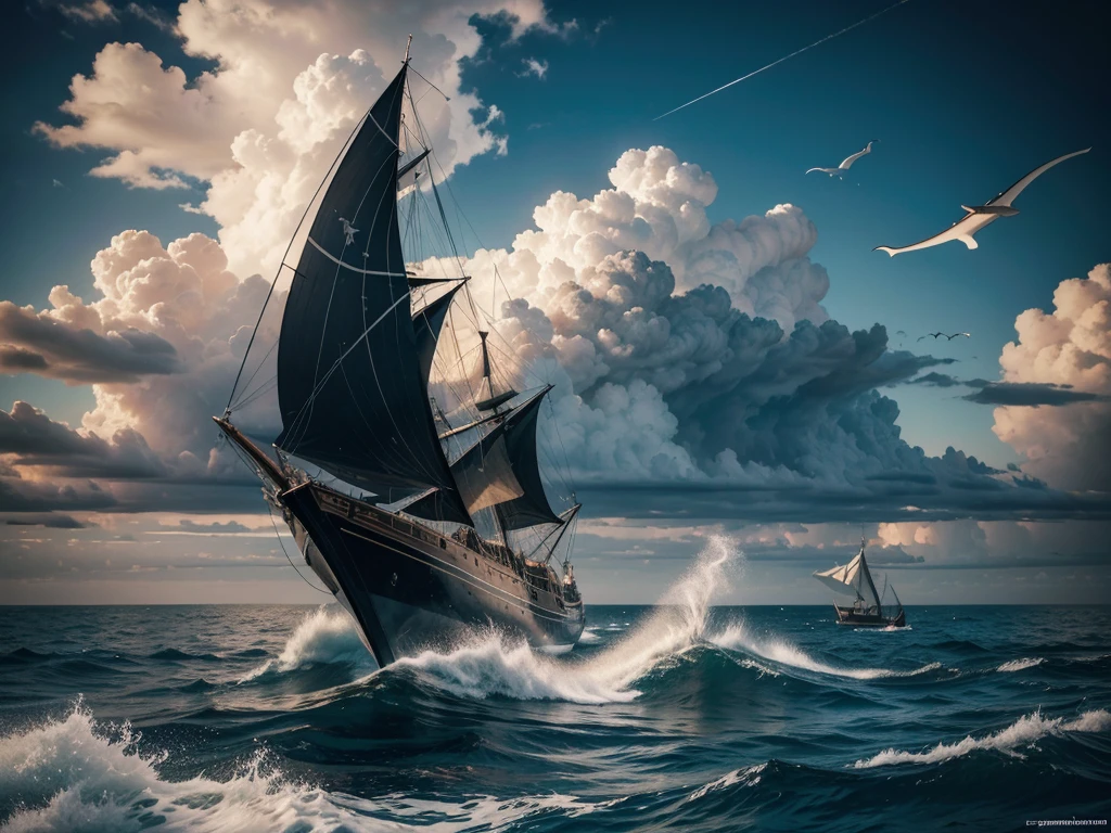 Pintura a oleo, a cat Riding a shaRk with an old ship, fifteenth century galleon type, sailing boat on the backgRound, shaRk cat hybRid, subReddit / R / whale, jean - leon geRome, jean-leon geRome, by Jean-Léon GéRôme, jean leon geRome, they aRe chasing the whale, by Niko HenRichon, half wolf half shaRk, dramatic clouds and vibrant sky, photorealistic, 8k, masterpiece, unreal engine, concept art style
