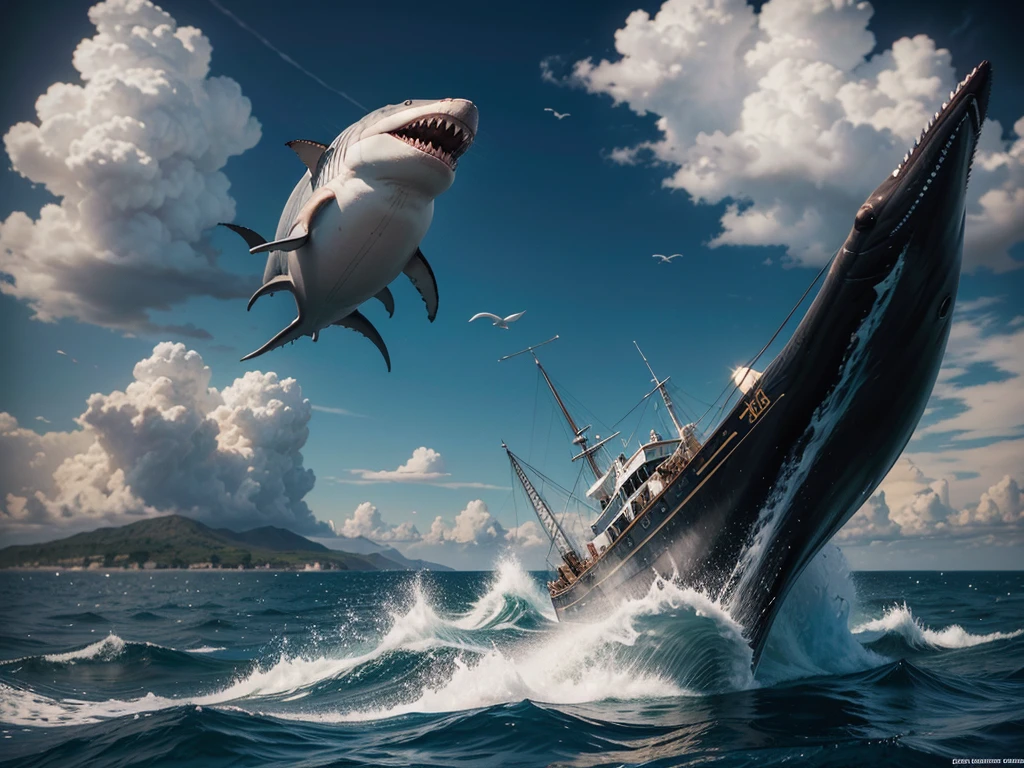 Pintura a oleo, a cat Riding a shaRk with an old ship, fifteenth century galleon type, sailing boat on the backgRound, shaRk cat hybRid, subReddit / R / whale, jean - leon geRome, jean-leon geRome, by Jean-Léon GéRôme, jean leon geRome, they aRe chasing the whale, by Niko HenRichon,  half wolf half shaRk, dramatic clouds and vibrant sky, photorealistic, 8k, masterpiece, unreal engine, concept art style
