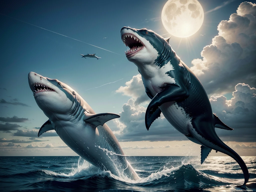 Pintura a oleo, a cat Riding a shaRk with an old ship, fifteenth century galleon type, sailing boat on the backgRound, shaRk cat hybRid, subReddit / R / whale, jean - leon geRome, jean-leon geRome, by Jean-Léon GéRôme, jean leon geRome, they aRe chasing the whale, by Niko HenRichon,  half wolf half shaRk, dramatic clouds and vibrant sky, photorealistic, 8k, masterpiece, unreal engine, concept art style