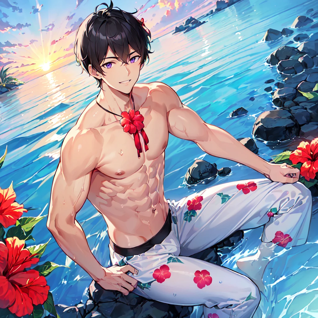 masterpiece,best quality,high quality,extremely detailed,(male austere handsome one solo adult age 30 years old:1.5),(purple eyes, cool with suspended eyes), body strong and fearless 8.5 head tall and 185cm tall,(well-groomed black hair short hair to neck:1.4), (bangs parted in thirds:1.4), (pectoral and rectus abdominis muscles:1.3), slender nose, facial muscles, (boxer sea water pants with hibiscus print:1.3), (cool smile:1.3), (sitting underwater:1.3), (stylish pose), (background tropical sea:1.3 ), (sunset:1.3)