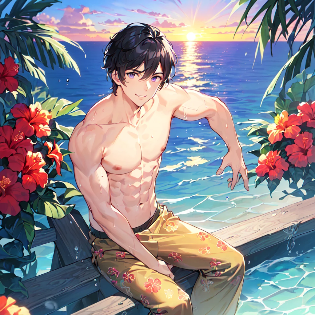 masterpiece,best quality,high quality,extremely detailed,(male austere handsome one solo adult age 30 years old:1.5),(purple eyes, cool with suspended eyes), body strong and fearless 8.5 head tall and 185cm tall,(well-groomed black hair short hair to neck:1.4), (bangs parted in thirds:1.4), (pectoral and rectus abdominis muscles:1.3), slender nose, facial muscles, (boxer sea water pants with hibiscus print:1.3), (cool smile:1.3), (sitting underwater:1.3), (stylish pose), (background tropical sea:1.3 ), (sunset:1.3)
