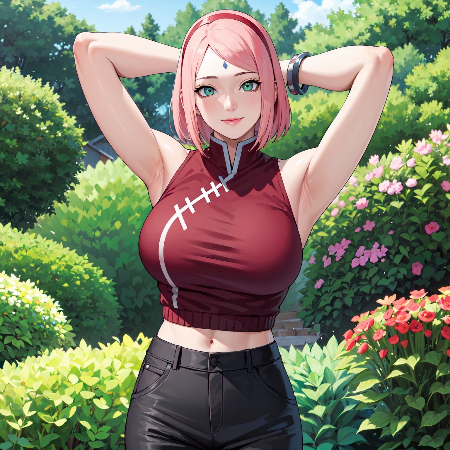 masterpiece, best quality,sharpness,absurdres ,1girl, haruno sakura,forehead mark, red hairband,(cropped knitted sweater,cargopants:1), bracelet, looking at viewer, (arms behind head:1.1), smile,, middle large breasts,standing in a garden,arms behind back,closeup,only upperbody