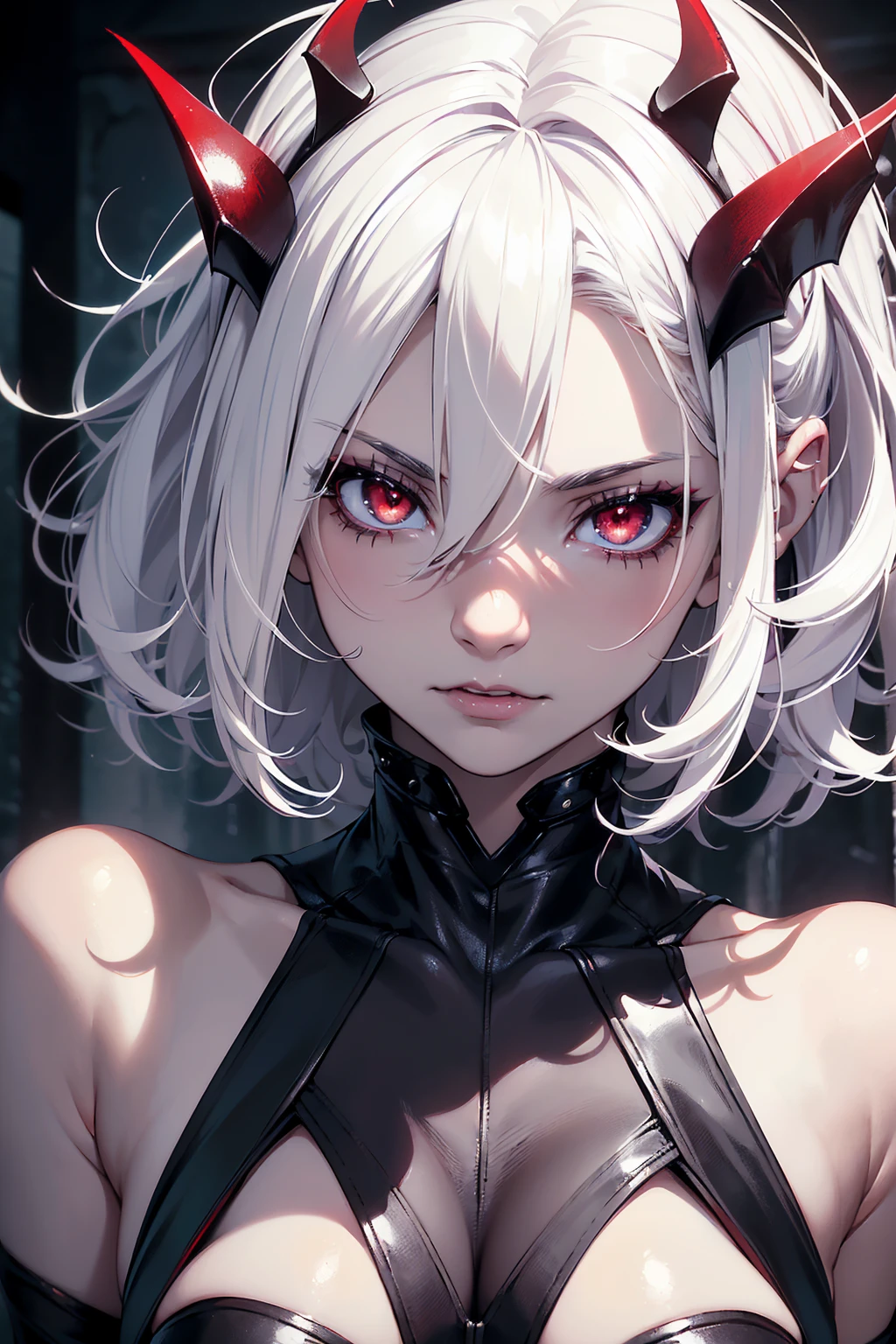 photo(portrait, from the front, close up, facing camera) of a woman(solo, succubus, short hair, wavy hair, white hair, pale skin, small nose, red eyes, cruel face, black horns, sadistic, violent, evil, perverted, grim, cold), hentai game, anime, best quality, masterpiece, maximum detail, high resolution