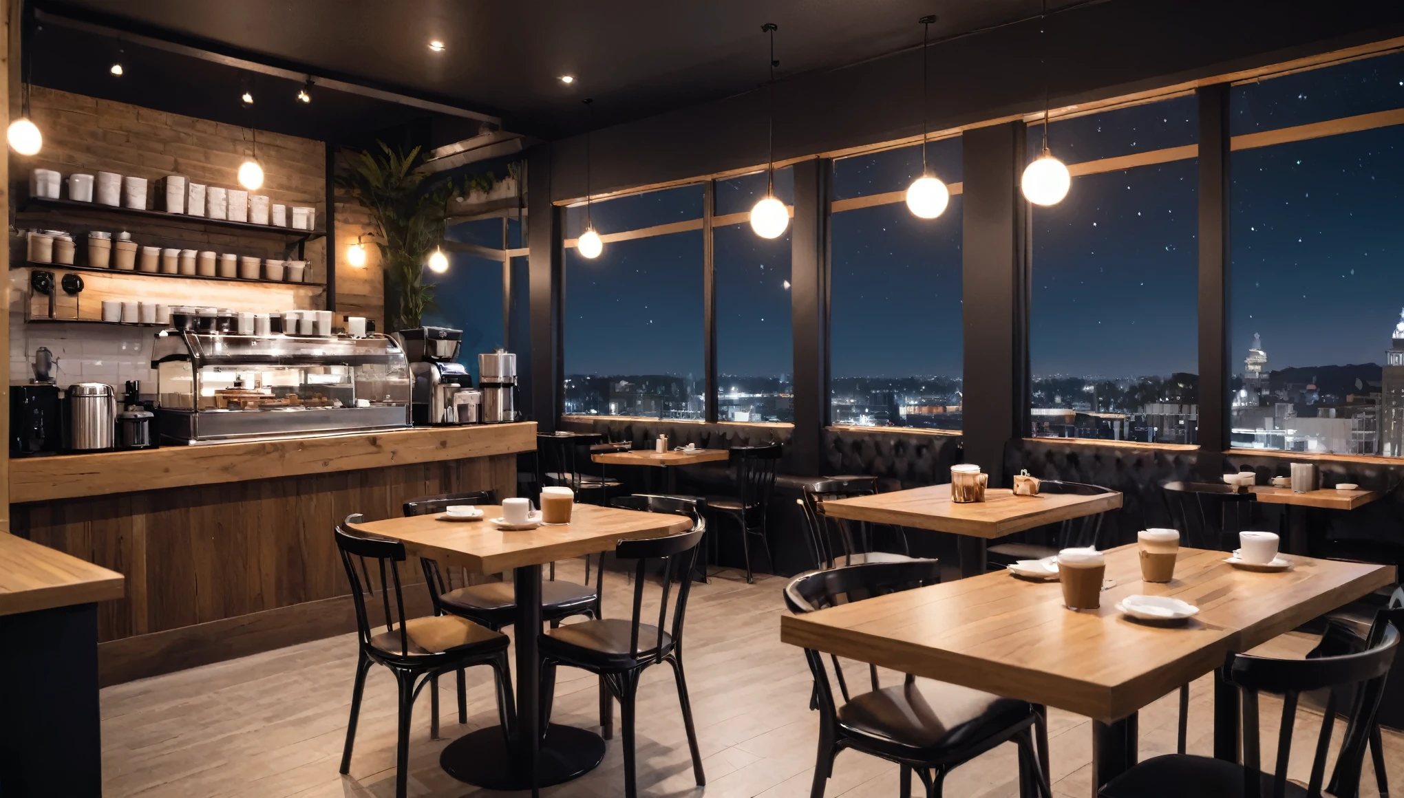 At night frontal shot coffee shop interior tables with coffee cups and a big window in the center
