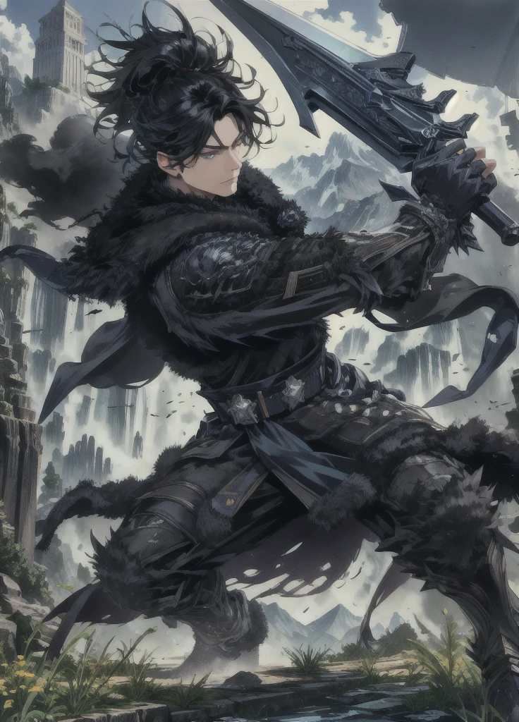 Masterpiece,best quality,Highly detailed,very detailed, Digital Artwork, Levi Bouman,  holding a halberd to pierce the sky, Focus Man, alone, Long shot, full body,  short hair,black hair,blue eyes, mountain, wearing black armor,wearing a black fur coat, electricity, Fighting posture, Embedded, glove, outdoor, black coat, from the side 