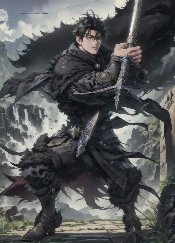 Masterpiece,best quality,Highly detailed,very detailed, Digital Artwork, Levi Bouman,  holding a halberd to pierce the sky, Focus Man, alone, Long shot, full body,  short hair,black hair,blue eyes, mountain, wearing black armor,wearing a black fur coat, electricity, Fighting posture, Embedded, glove, outdoor, black coat, from the side 