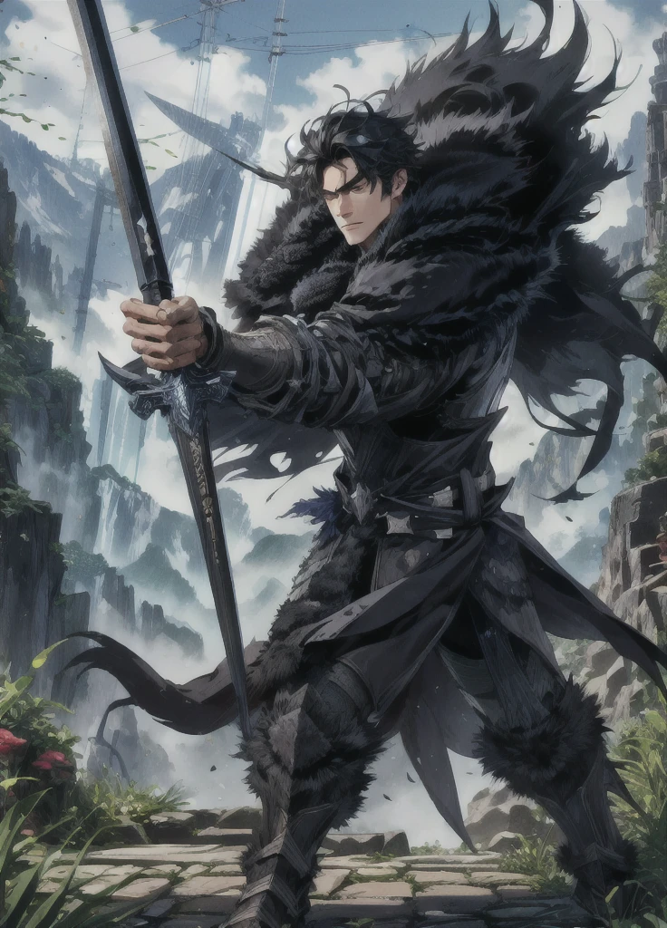 Masterpiece,best quality,Highly detailed,very detailed, Digital Artwork, Levi Bouman,  holding a halberd to pierce the sky, Focus Man, alone, Long shot, full body,  short hair,black hair,blue eyes, mountain, wearing black armor,wearing a black fur coat, electricity, Fighting posture, Embedded, glove, outdoor, black coat, from the side 