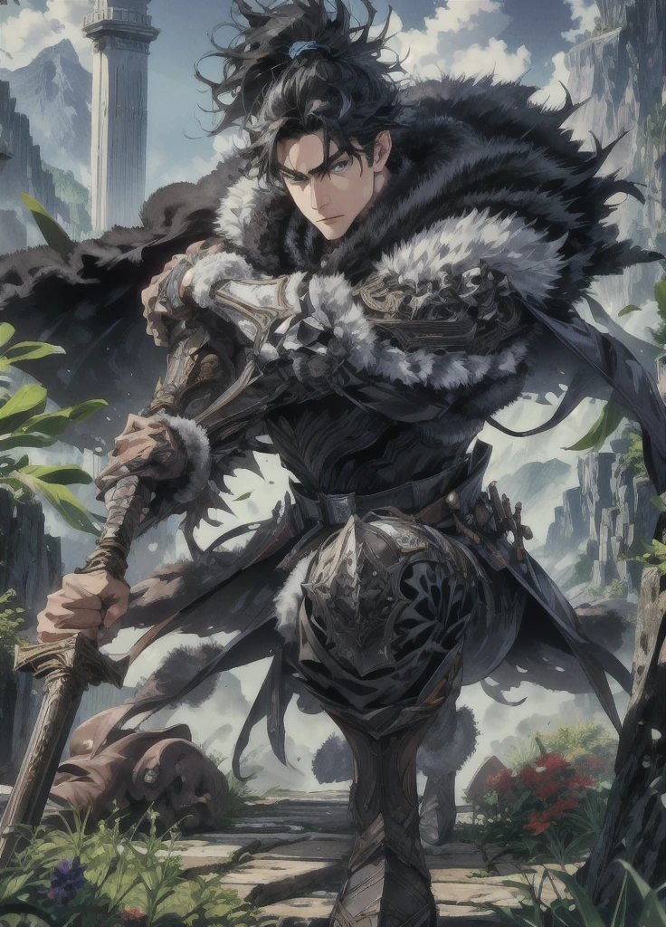 Masterpiece,best quality,Highly detailed,very detailed, Digital Artwork, Levi Bouman,  holding a halberd to pierce the sky, Focus Man, alone, Long shot, full body,  short hair,black hair,blue eyes, mountain, wearing black armor,wearing a black fur coat, electricity, Fighting posture, Embedded, glove, outdoor, black coat, from the side 