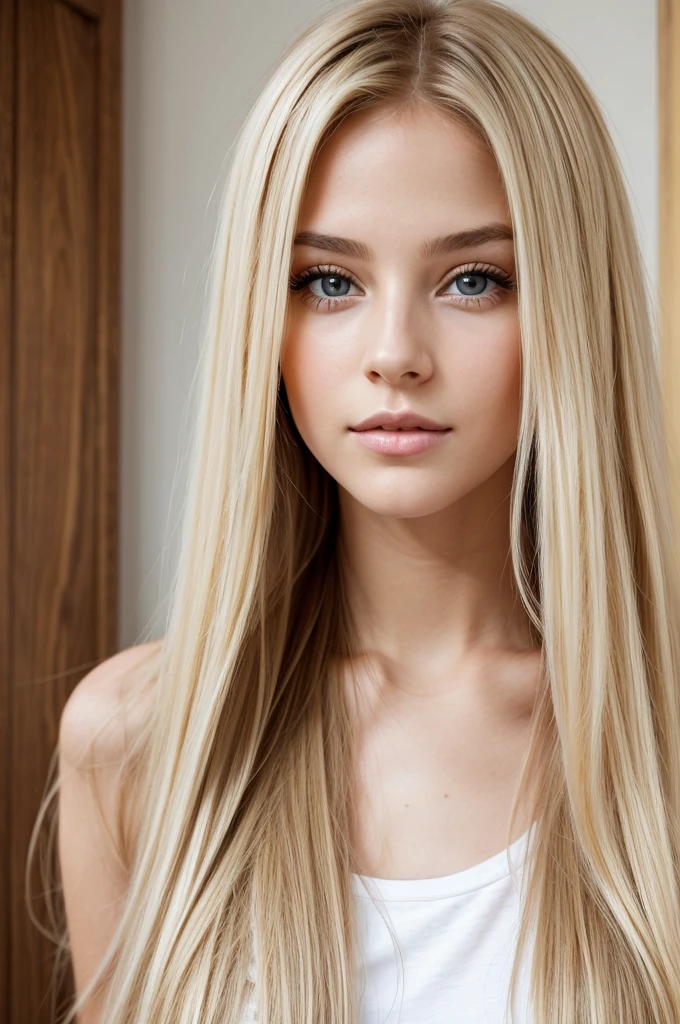 fille jeune, séduisante, full face, no makeup, cute and look like california girl, long straight hair blond, regarder le spectateur, ultra réaliste, regard séduisant et sexy, trait de visage fin, petit nez, 
