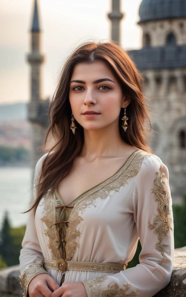 a beautiful turkish woman is standing near istanbul Castle, bokeh, highly detailed