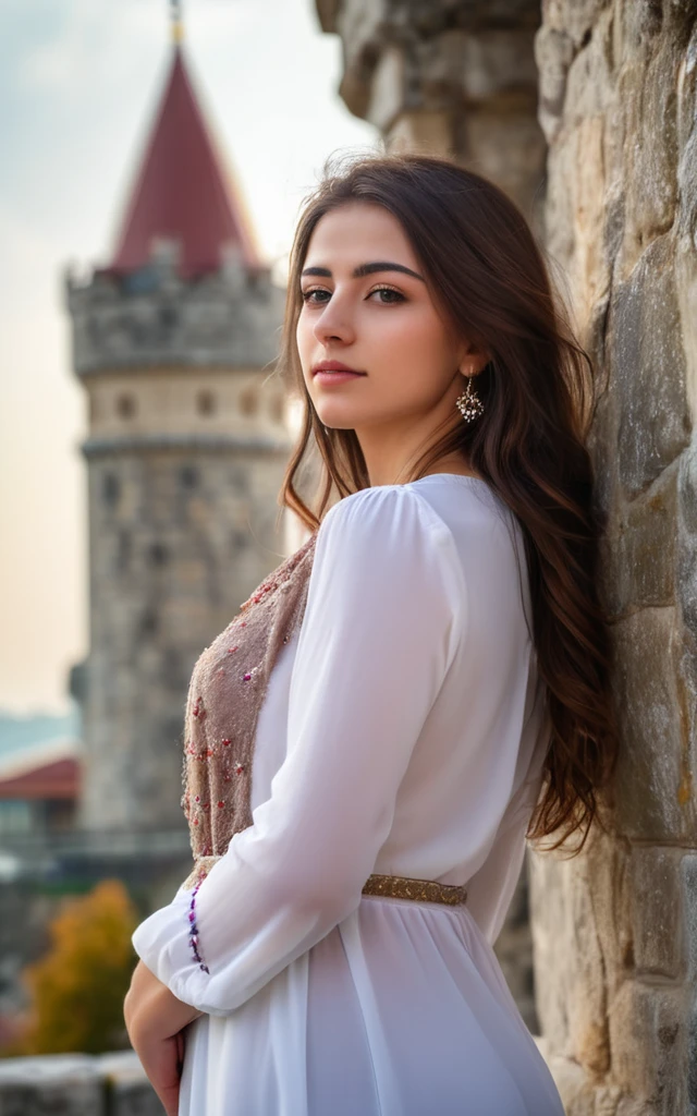 a beautiful turkish woman is standing near istanbul Castle, bokeh, highly detailed