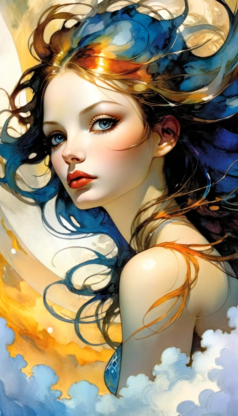 surrealistic goddess woman sitting on cloud, beautiful landscape, sketch, pen drawing, white background, highly detailed, photorealistic, dramatic lighting, vibrant colors, masterpiece, (best quality,4k,8k,highres,masterpiece:1.2),ultra-detailed,(realistic,photorealistic,photo-realistic:1.37),intricate details,cinematic composition,dramatic pose,elegant features,porcelain skin,piercing eyes,full lips,flowing hair,dreamy atmosphere,divine presence,ethereal beauty,floating in clouds,stunning scenery,natural elements,inspired by Bill Sienkiewicz