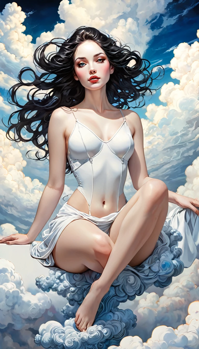 surrealistic goddess woman sitting on cloud, beautiful landscape, sketch, pen drawing, white background, highly detailed, photorealistic, dramatic lighting, vibrant colors, masterpiece, (best quality,4k,8k,highres,masterpiece:1.2),ultra-detailed,(realistic,photorealistic,photo-realistic:1.37),intricate details,cinematic composition,dramatic pose,elegant features,porcelain skin,piercing eyes,full lips,flowing hair,dreamy atmosphere,divine presence,ethereal beauty,floating in clouds,stunning scenery,natural elements,inspired by Bill Sienkiewicz