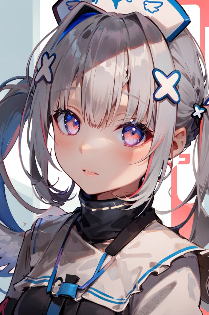 best quality, highres, 1girl, amane kanata, solo, hat, nurse cap, grey hair, multicolored hair, blue hair, wings, purple eyes, hair ornament, colored inner hair, angel wings, braid, bangs, official alternate hair length, streaked hair, single hair intake, x hair ornament, pink hair, official alternate hairstyle, twintails,