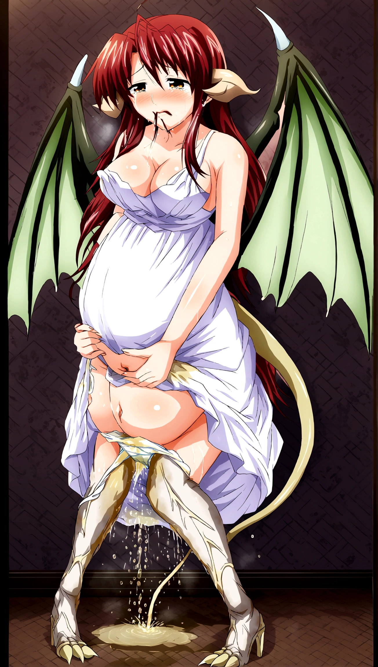 Anime. 1 Girl. Cutie. The girl is a dragon. Red hair. Long hair. Amber eyes. Beautiful eyes. Perfect eyes. Expressive eyes. Ideal face. Ideal anatomical body. Dragon horns. Scaly hands. Clawed hands. Long legs. Scaly legs. Clawed feet. Dragon wings. Dragon tail. tail. Dressed in an evening dress. High heel shoes. Beautiful body. Beautiful nose. 18 years. Medium breasts. Pregnant. Period. Holding dirty panties in his hands. The crotch is covered in blood. Her water broke. Embarrassment. Blush. Beautiful character design. Shiny skin. She wants to sneeze. She needs to sneeze. She has a strong, desperate urge to sneeze. Fire breath. She sneezes. She sneezes with fiery breath. Runny nose. Mucus from the nose. Snot. Slpli is running from the nose. Blows his nose. He wipes his nose with his dirty underpants. She wants to pee. She needs to pee. She has a strong, desperate urge to pee. She described. Tears on eyes. Cry. Snot flows from the nose. City. Street. Restaurant. Heading to the toilet. Standing at the door to the toilet. Waiting for it to cool down. Whole body. nsfw. Official art. Extremely detailed CG Unity 8k wallpaper. Ideal lighting. Ultra high resolution 4K. Super detailed 8K. A high resolution.