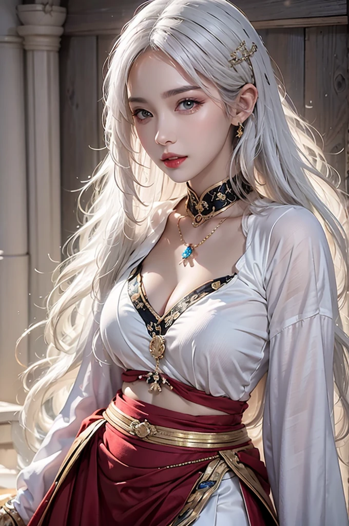 photorealistic, high resolution, soft lights, 1women, solo, hips up, look at viewer, (detailed face), white hair, long hair, , skirt, jewelry