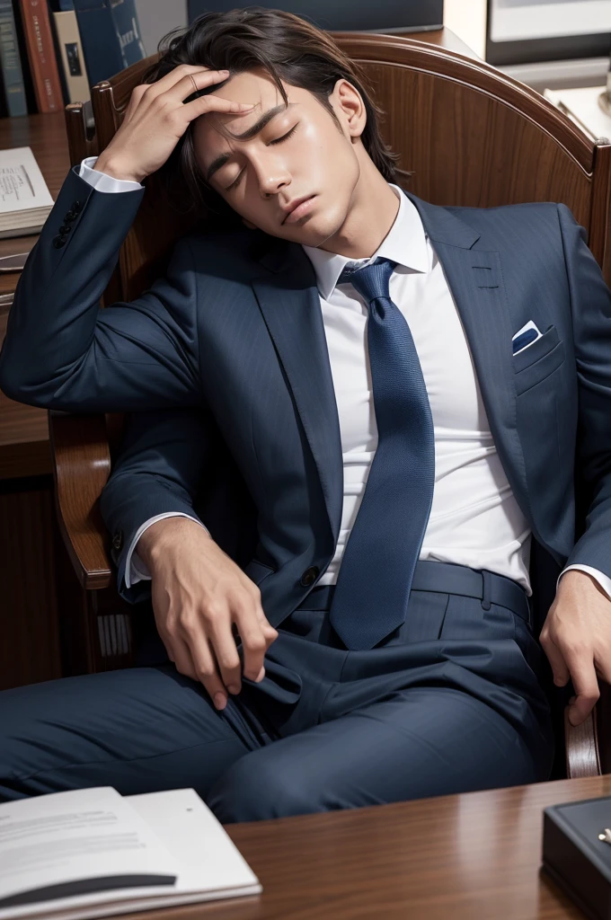 ((best quality)), ((masterpiece)), (detailed), perfect face man dressed in formal clothes, sleeping in his office armchair with his head slumped on the desk