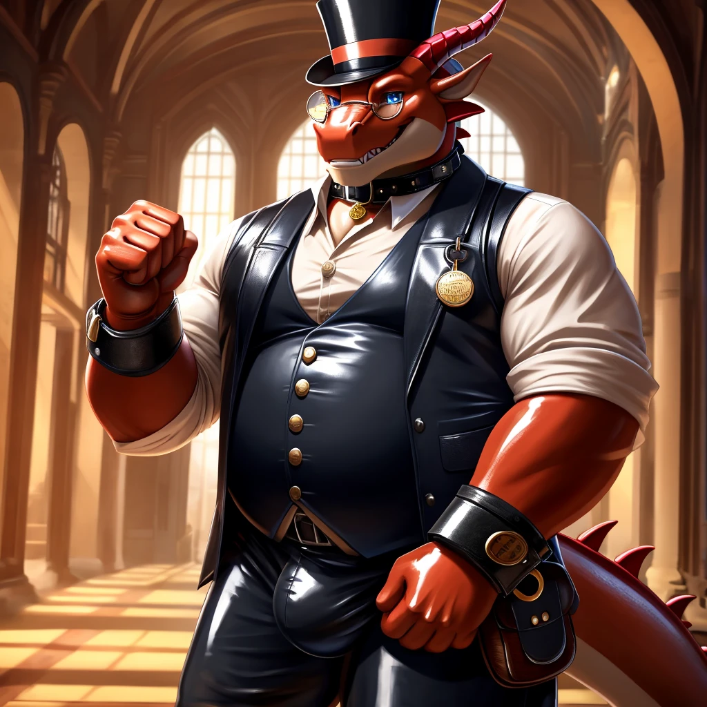 Solo, Male, fat, extremely obese, gentleman, dapper Professor Dragon, blue eyes, (posing:1.3), (soft shading), 4k, hi res, ((detailed face, detailed)), looking at viewer, mouth wide open, steampunk, dapper clothing, collared shirt with buttons, top hat, male focus, Explorer Outfit, glasses, monocle, vest with buttons, sleeves rolled up, round eyewear, brown headwear, brown vest, office, Dragon is wearing a glossy leather dog collar around the neck, Dragon is wearing the leather collar and shirt and vest at the same time, Dragon is wearing glossy white rubber gloves on the hands, wearing white rubber gloves on the feet, gloves are rubber in texture, clenching teeth, clenching fists, leather collar is glossy and shiny with a lot of detail, Dragon is wearing gloves and leather collar at the same time, leather collar has a round dog-tag, leather collar is thick and detailed, leather collar is glossy and shiny, fancy clothing, dapper vest, dapper shirt, leather collar is thick, glossy leather collar.