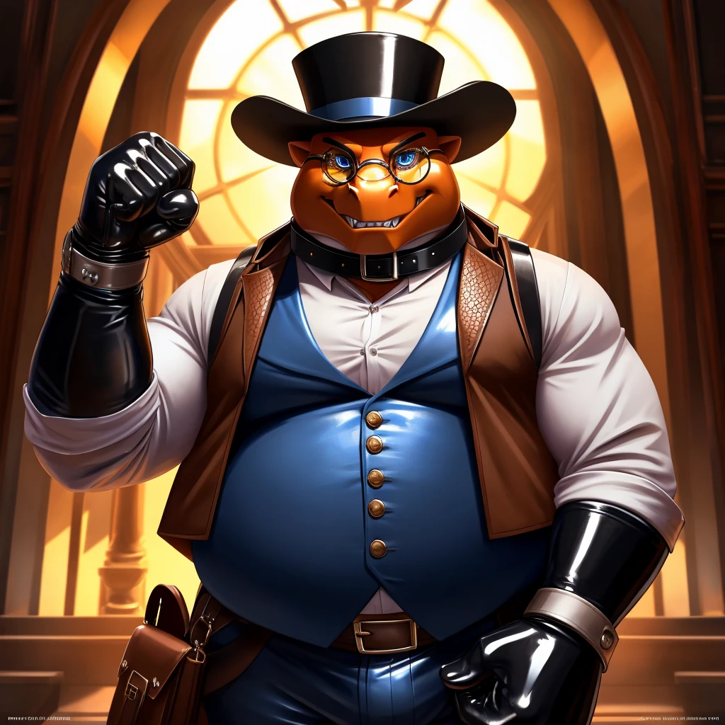 Solo, Male, fat, extremely obese, gentleman, dapper Professor Dragon, blue eyes, (posing:1.3), (soft shading), 4k, hi res, ((detailed face, detailed)), looking at viewer, evil grin, steampunk, collared shirt with buttons, top hat, male focus, Explorer Outfit, glasses, monocle, bag, vest with buttons, backpack, sleeves rolled up, round eyewear, brown headwear, brown vest, Dragon is attempting to put on a glossy leather dog collar around his neck, Dragon is wearing the leather collar and shirt and vest at the same time, Dragon is wearing glossy white rubber gloves on the hands, wearing white rubber gloves on the feet, Dragon is wearing glossy white cuffs around the wrists with cufflinks, gloves are rubber in texture, clenching teeth, clenching fists, leather collar is glossy and shiny with a lot of detail, Dragon is wearing gloves and cuffs and cufflinks at the same time, leather collar has a round dog-tag, leather collar is thick and detailed.