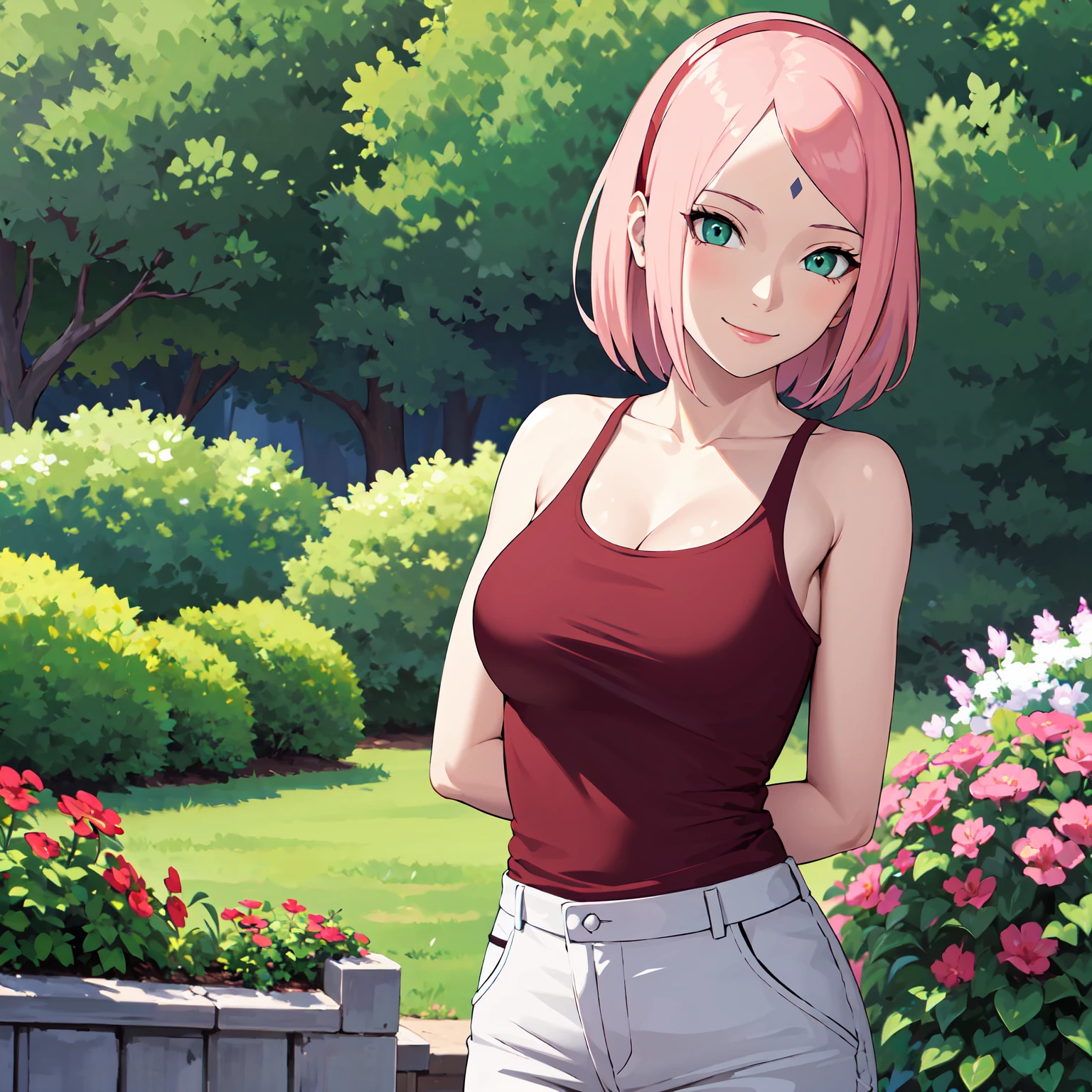 masterpiece, best quality,sharpness,absurdres ,1girl, haruno sakura,forehead mark, red hairband,(cargopants:1), tanktop,bracelet, looking at viewer, (arms behind head:1.1), smile,, middle large breasts,standing in a garden,arms behind back,closeup,only upperbody