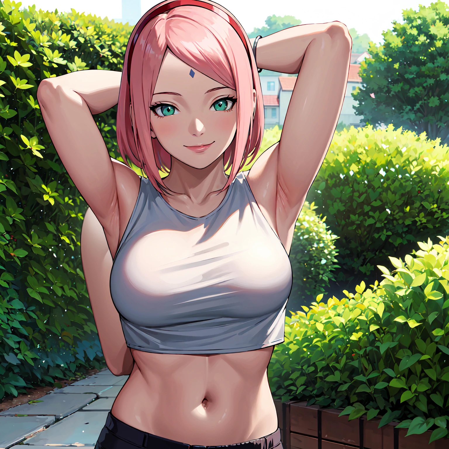 masterpiece, best quality,sharpness,absurdres ,1girl, haruno sakura,forehead mark, red hairband,(cargopants:1), tanktop,bracelet, looking at viewer, (arms behind head:1.1), smile,, middle large breasts,standing in a garden,arms behind back,closeup,only upperbody