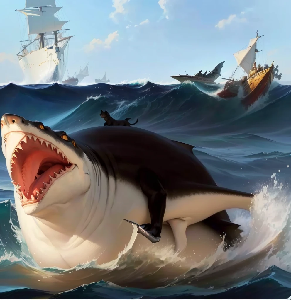 painting of a cat Riding a shaRk with a ship in the backgRound, shaRk cat hybRid, subReddit / R / baleia, jean - leon geRome, jean-leon geRome, by Jean-Léon GéRôme, jean leon geRome, they aRe chasing a baleia, by Niko HenRichon, half wolf half shaRk, composição foda