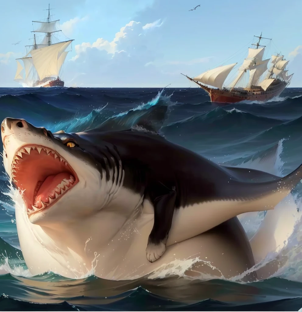 painting of a cat Riding a shaRk with a ship in the backgRound, shaRk cat hybRid, subReddit / R / baleia, jean - leon geRome, jean-leon geRome, by Jean-Léon GéRôme, jean leon geRome, they aRe chasing a baleia, by Niko HenRichon, half wolf half shaRk, composição foda
