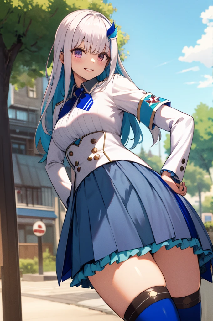 masterpiece, best quality, highres, lh1, hair ornamnet, thighhighs, long hair, long sleeves, pleated skirt, blue thighhighs, armband, frilled skirt, white jacket, white shirt, blue skirt, thigh strap, cowboy shot, smile, hand on hip, outdoors,